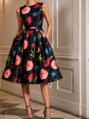 Carolina Herrera Floral Mikado A-Line Cocktail Dress Silk Blend Size 10